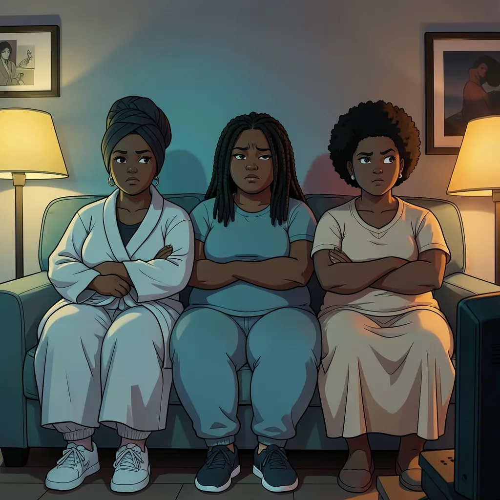 Illustration of three Black women sitting together on a couch at night with their arms folded, watching a television that casts a cold blue glow across an otherwise warm lamplit living room. None of them looks convinced.