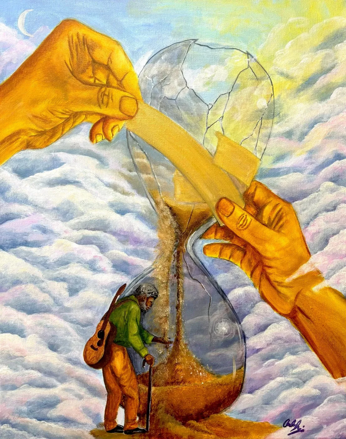 Surrealist oil-and-acrylic painting of two oversized golden hands cradling a cracked, hourglass-shaped globe against a cloud-filled sky with a crescent moon and a bursting sun. Sand pours from the crack onto a small elderly man standing below — grey curly hair, a green sweater, tan trousers, a cane in one hand, an acoustic guitar slung on his back — as he stands ankle-deep in the falling sand.